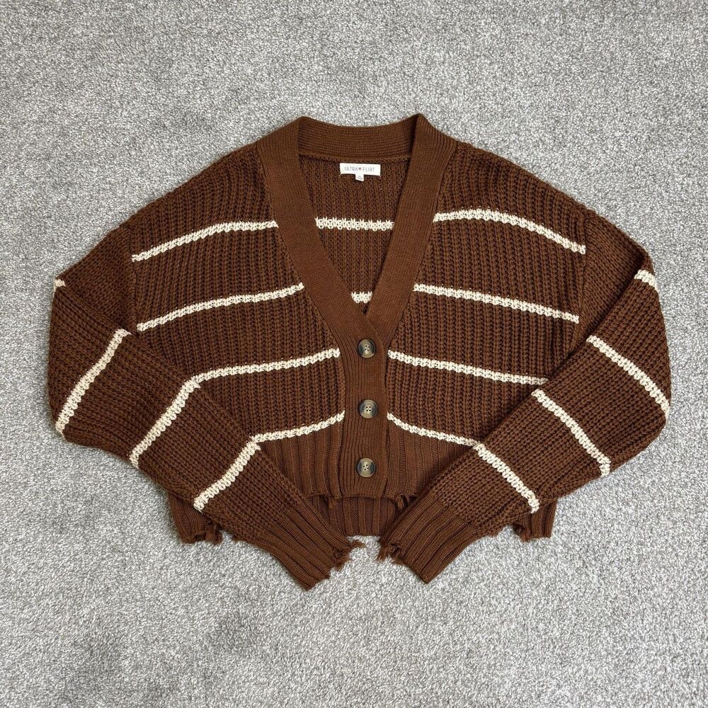 Ultra Flirt Sweater Juniors Medium Brown Striped Cropped Distressed Indie Preppy